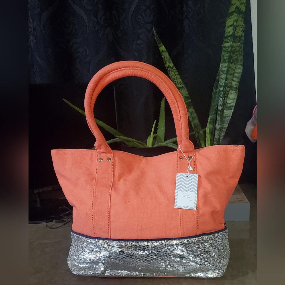Anthropologie Orange and Silver Tote Bag